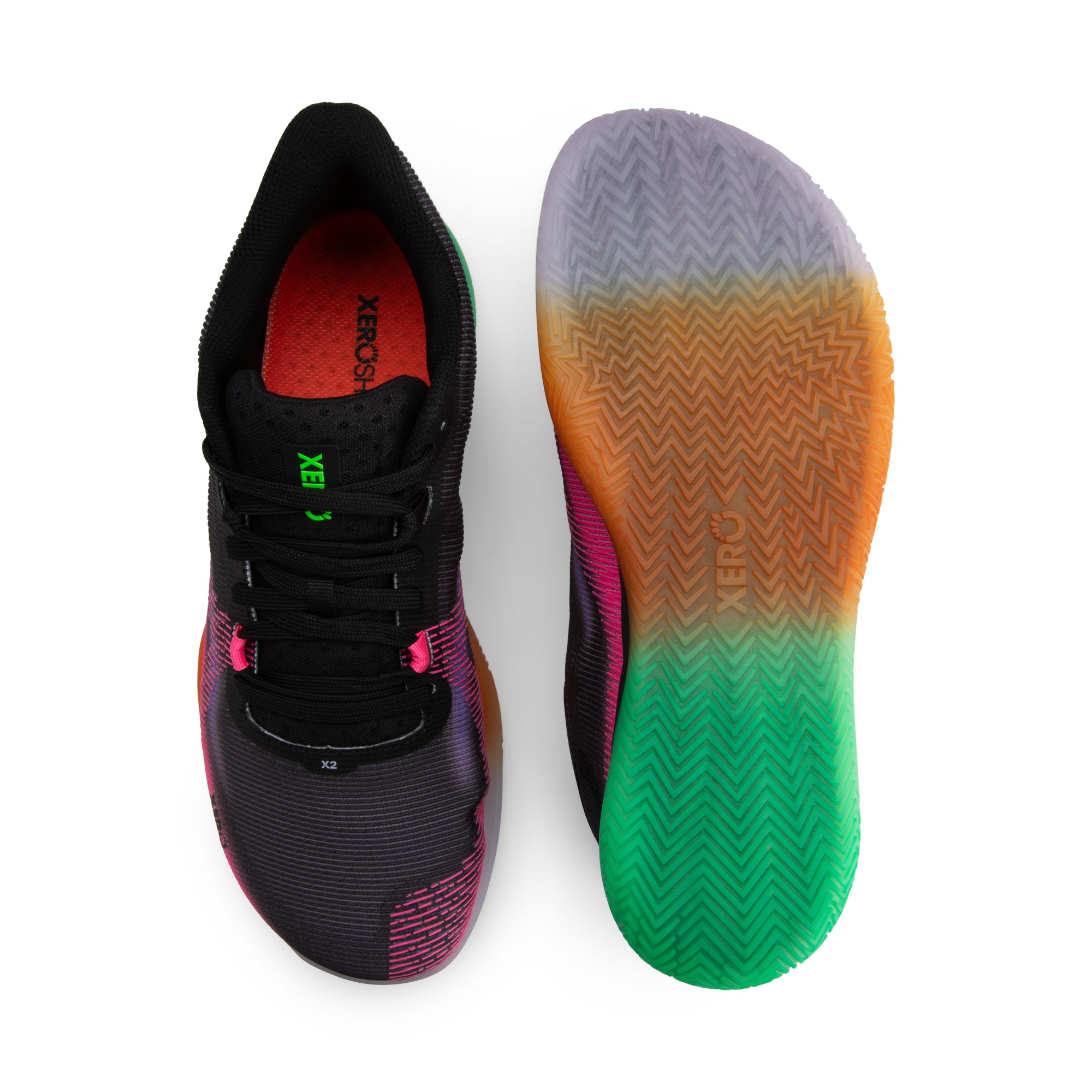 Xero Shoes X2 barfodssko til herre i farven Black / Neon Multi, set ovenfra og fra sålen